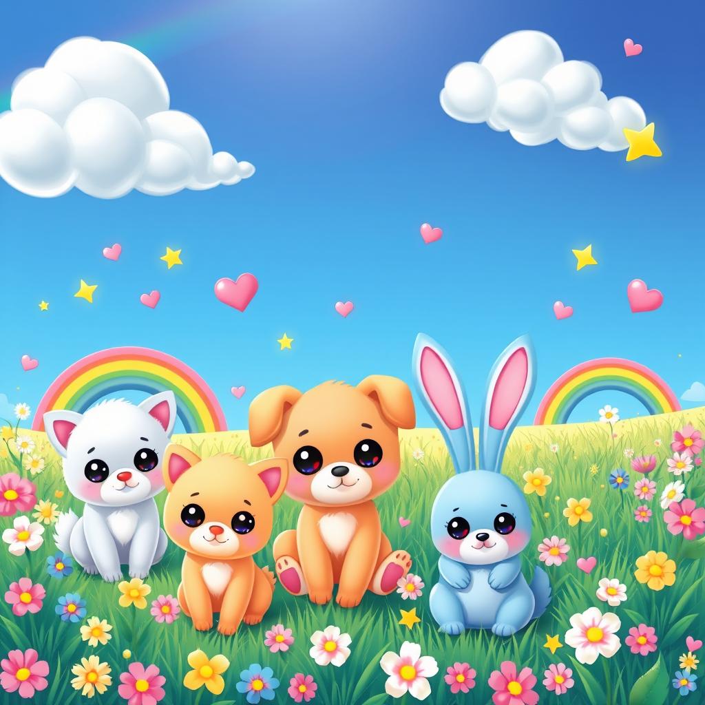 A charming and delightful kawaii scene featuring cute and colorful cartoon animals like kittens, puppies, and bunnies