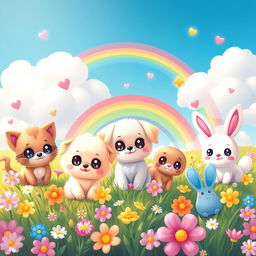 A charming and delightful kawaii scene featuring cute and colorful cartoon animals like kittens, puppies, and bunnies