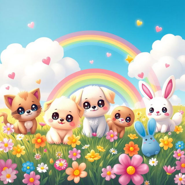 A charming and delightful kawaii scene featuring cute and colorful cartoon animals like kittens, puppies, and bunnies