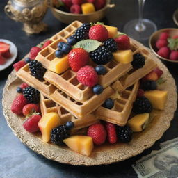 A grand waffle extravagantly garnished with edible gold leaf and encrusted with minute edible gemstones, surrounded by an arrangement of rare exotic fruits and expensive wine, resting on a platter lined with 10,000 dollar bills.