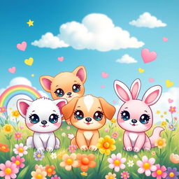 A charming and delightful kawaii scene featuring cute and colorful cartoon animals like kittens, puppies, and bunnies