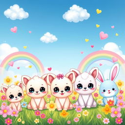 A charming and delightful kawaii scene featuring cute and colorful cartoon animals like kittens, puppies, and bunnies