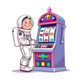 A 2D illustration of an astronaut playing a large and tall slot machine, set against a plain white background