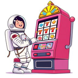 A 2D illustration of an astronaut playing a large and tall slot machine, set against a plain white background