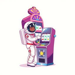 A 2D illustration of an astronaut playing a large and tall slot machine, set against a plain white background