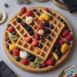 A grand waffle extravagantly garnished with edible gold leaf and encrusted with minute edible gemstones, surrounded by an arrangement of rare exotic fruits and expensive wine, resting on a platter lined with 10,000 dollar bills.