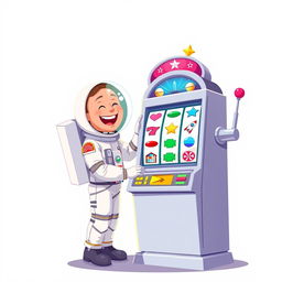 A 2D illustration of an astronaut playing a large and tall slot machine, set against a plain white background