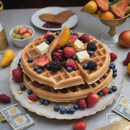 A grand waffle extravagantly garnished with edible gold leaf and encrusted with minute edible gemstones, surrounded by an arrangement of rare exotic fruits and expensive wine, resting on a platter lined with 10,000 dollar bills.