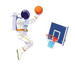 A 2D illustration of an astronaut playing basketball in space, with a plain white background