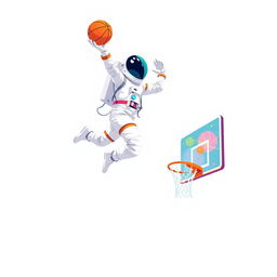 A 2D illustration of an astronaut playing basketball in space, with a plain white background