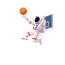 A 2D illustration of an astronaut playing basketball in space, with a plain white background