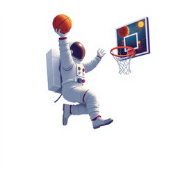 A 2D illustration of an astronaut playing basketball in space, with a plain white background