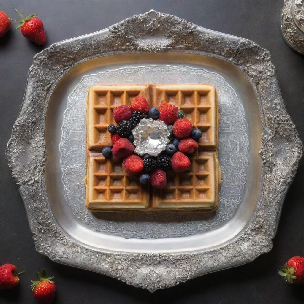 An opulent waffle encrusted with precious edible gemstones, framed by gold-dusted berries, served on an ornate antique silver platter covered in 100,000 dollar bills with a backdrop of a luxury mansion.