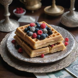 An opulent waffle encrusted with precious edible gemstones, framed by gold-dusted berries, served on an ornate antique silver platter covered in 100,000 dollar bills with a backdrop of a luxury mansion.