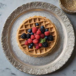 An opulent waffle encrusted with precious edible gemstones, framed by gold-dusted berries, served on an ornate antique silver platter covered in 100,000 dollar bills with a backdrop of a luxury mansion.