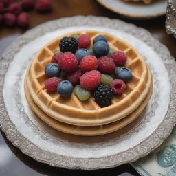 An opulent waffle encrusted with precious edible gemstones, framed by gold-dusted berries, served on an ornate antique silver platter covered in 100,000 dollar bills with a backdrop of a luxury mansion.