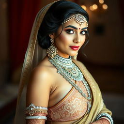 a sexy, fair-skinned Indian Hindu bride showcasing her voluptuous figure and allure, with an emphasis on her traditional bridal attire that subtly accentuates her curves