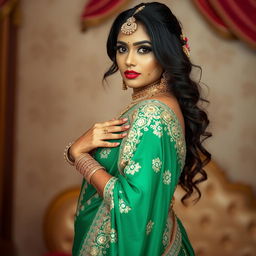 a sexy, fair-skinned Indian Hindu bride showcasing her voluptuous figure and allure, with an emphasis on her traditional bridal attire that subtly accentuates her curves