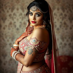 a sexy, fair-skinned Indian Hindu bride showcasing her voluptuous figure and allure, with an emphasis on her traditional bridal attire that subtly accentuates her curves