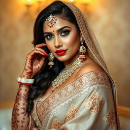 a sexy, fair-skinned Indian Hindu bride showcasing her voluptuous figure and allure, with an emphasis on her traditional bridal attire that subtly accentuates her curves