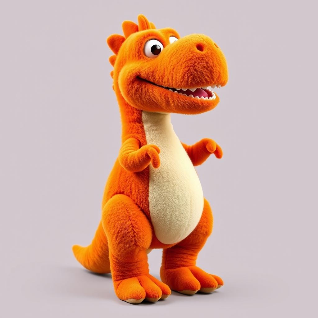 A full-body view of an orange T-Rex designed in the style of a Sesame Street character