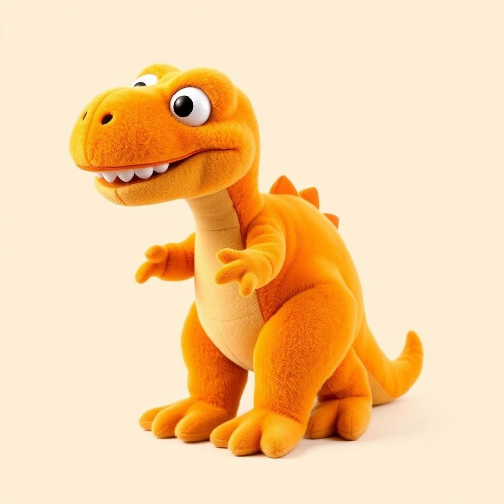 A full-body view of an orange T-Rex designed in the style of a Sesame Street character