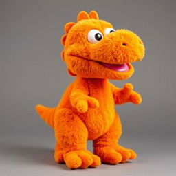 A full-body view of an orange T-Rex designed in the style of a Sesame Street character