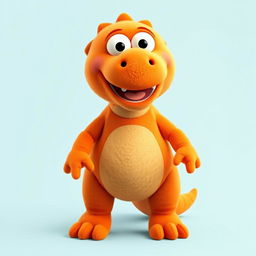 A full-body view of a 2D orange T-Rex designed like a Sesame Street character