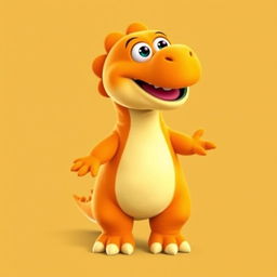 A full-body view of a 2D orange T-Rex designed like a Sesame Street character