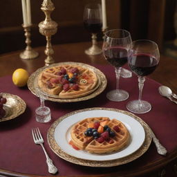 An exquisite waffle fit for a monarch, garnished with rare flavours and jewel-like fruits, accompanied by a single, vintage wine glass, situated on an ancient royal dining table, encrusted with priceless gemstones and golden engravings.