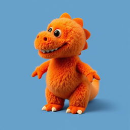 A full-body view of a woolly orange T-Rex designed like a Sesame Street character