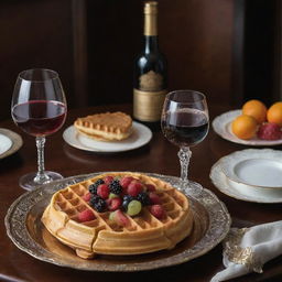 An exquisite waffle fit for a monarch, garnished with rare flavours and jewel-like fruits, accompanied by a single, vintage wine glass, situated on an ancient royal dining table, encrusted with priceless gemstones and golden engravings.