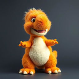 A full-body view of a woolly orange T-Rex designed like a Sesame Street character