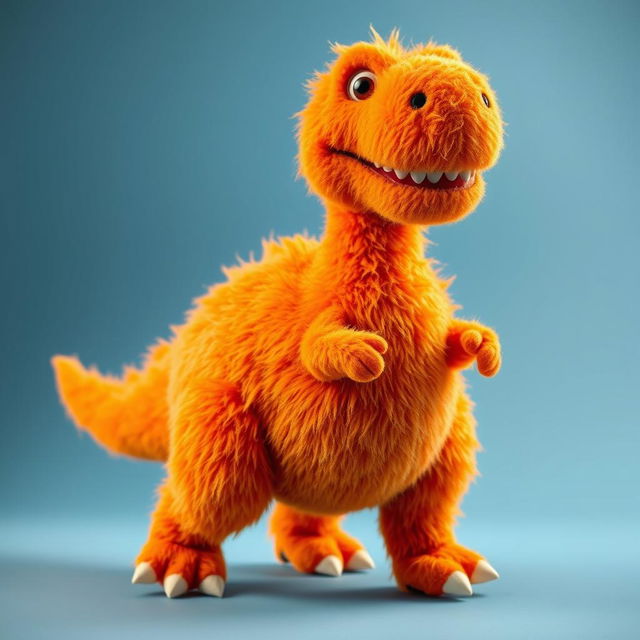 A full-body view of a woolly orange T-Rex designed like a Sesame Street character