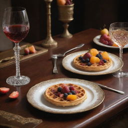 An exquisite waffle fit for a monarch, garnished with rare flavours and jewel-like fruits, accompanied by a single, vintage wine glass, situated on an ancient royal dining table, encrusted with priceless gemstones and golden engravings.