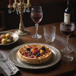 An exquisite waffle fit for a monarch, garnished with rare flavours and jewel-like fruits, accompanied by a single, vintage wine glass, situated on an ancient royal dining table, encrusted with priceless gemstones and golden engravings.