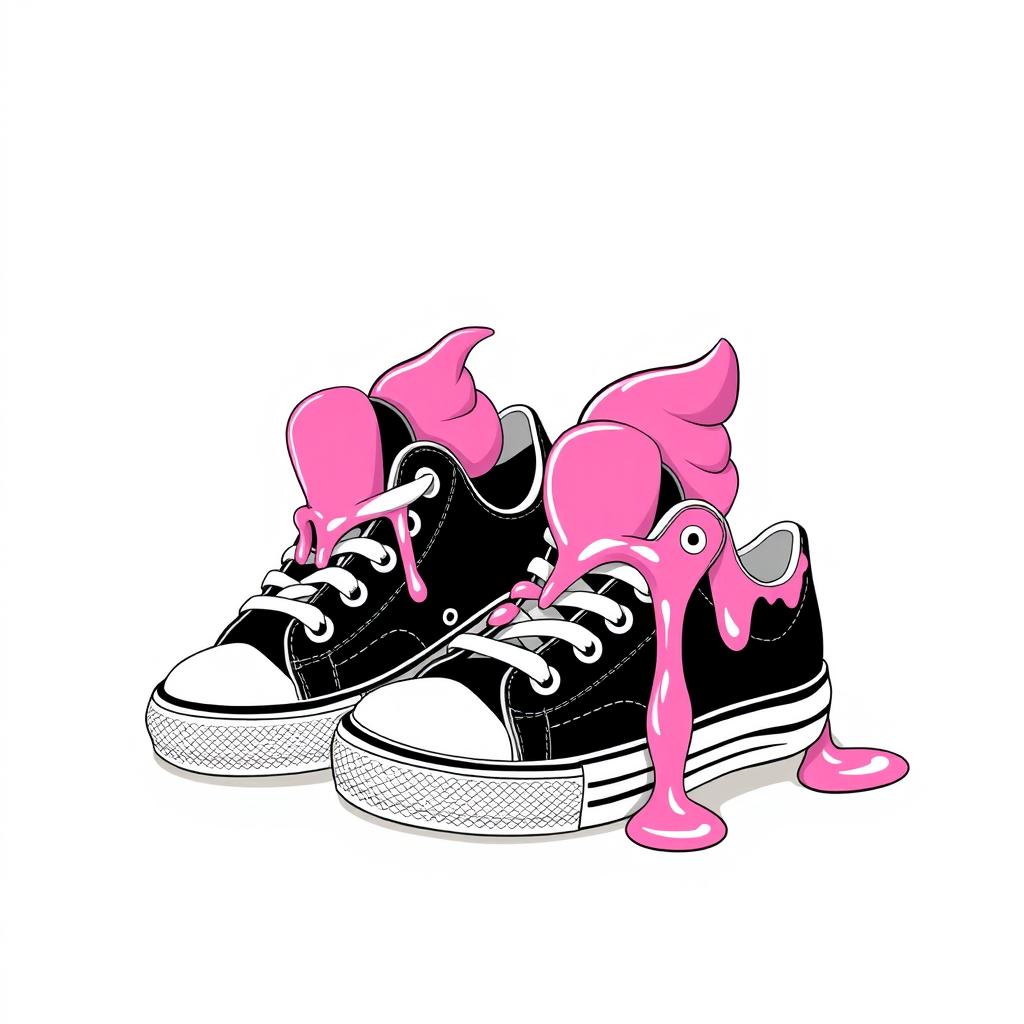 A dynamic illustration of 2D black and white sneakers with a whimsical twist
