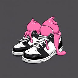 A dynamic illustration of 2D black and white sneakers with a whimsical twist