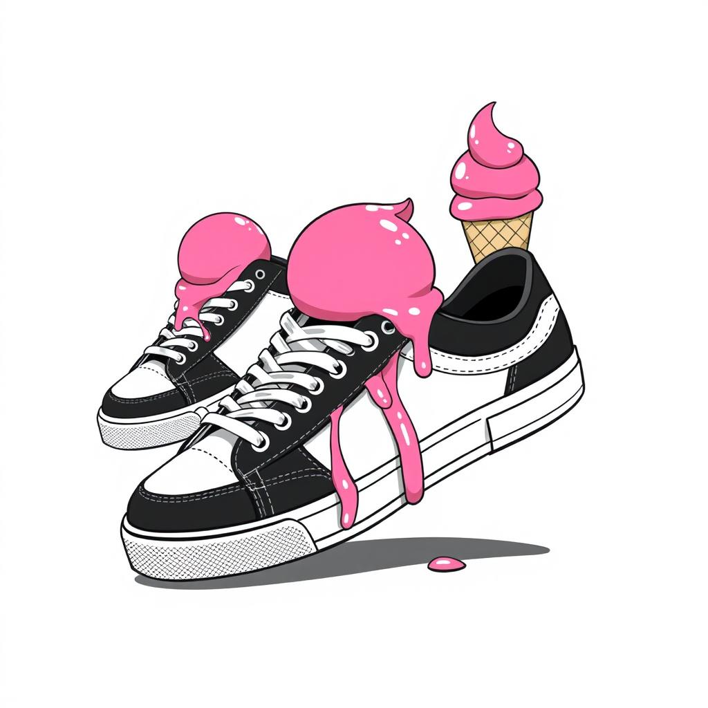 A dynamic illustration of 2D black and white sneakers with a whimsical twist