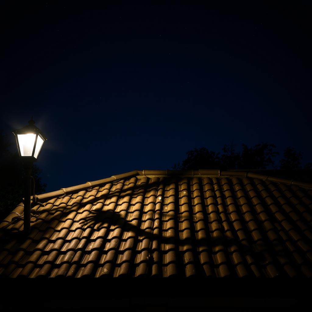 An intriguing shadow cast on the roof of a house under the night sky