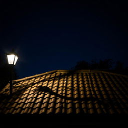 An intriguing shadow cast on the roof of a house under the night sky