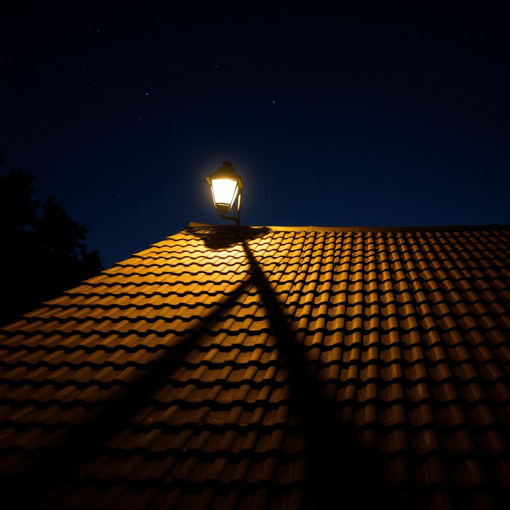 An intriguing shadow cast on the roof of a house under the night sky