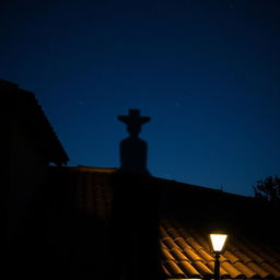 An intriguing shadow cast on the roof of a house under the night sky