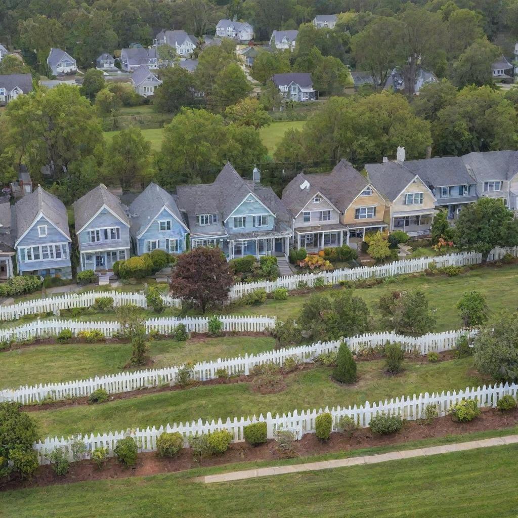 A quaint small suburban neighborhood with rows of matchbox houses, manicured gardens, picket fences, small children playing and a clear blue sky above. A picturesque setting with tranquility and serene nature.