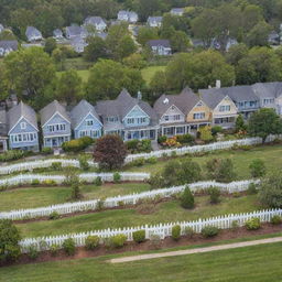 A quaint small suburban neighborhood with rows of matchbox houses, manicured gardens, picket fences, small children playing and a clear blue sky above. A picturesque setting with tranquility and serene nature.