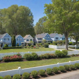 A quaint small suburban neighborhood with rows of matchbox houses, manicured gardens, picket fences, small children playing and a clear blue sky above. A picturesque setting with tranquility and serene nature.