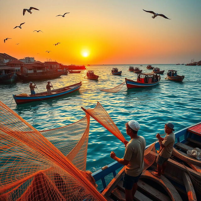 A picturesque coastal scene capturing a serene and vibrant fishing village