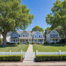 A quaint small suburban neighborhood with rows of matchbox houses, manicured gardens, picket fences, small children playing and a clear blue sky above. A picturesque setting with tranquility and serene nature.