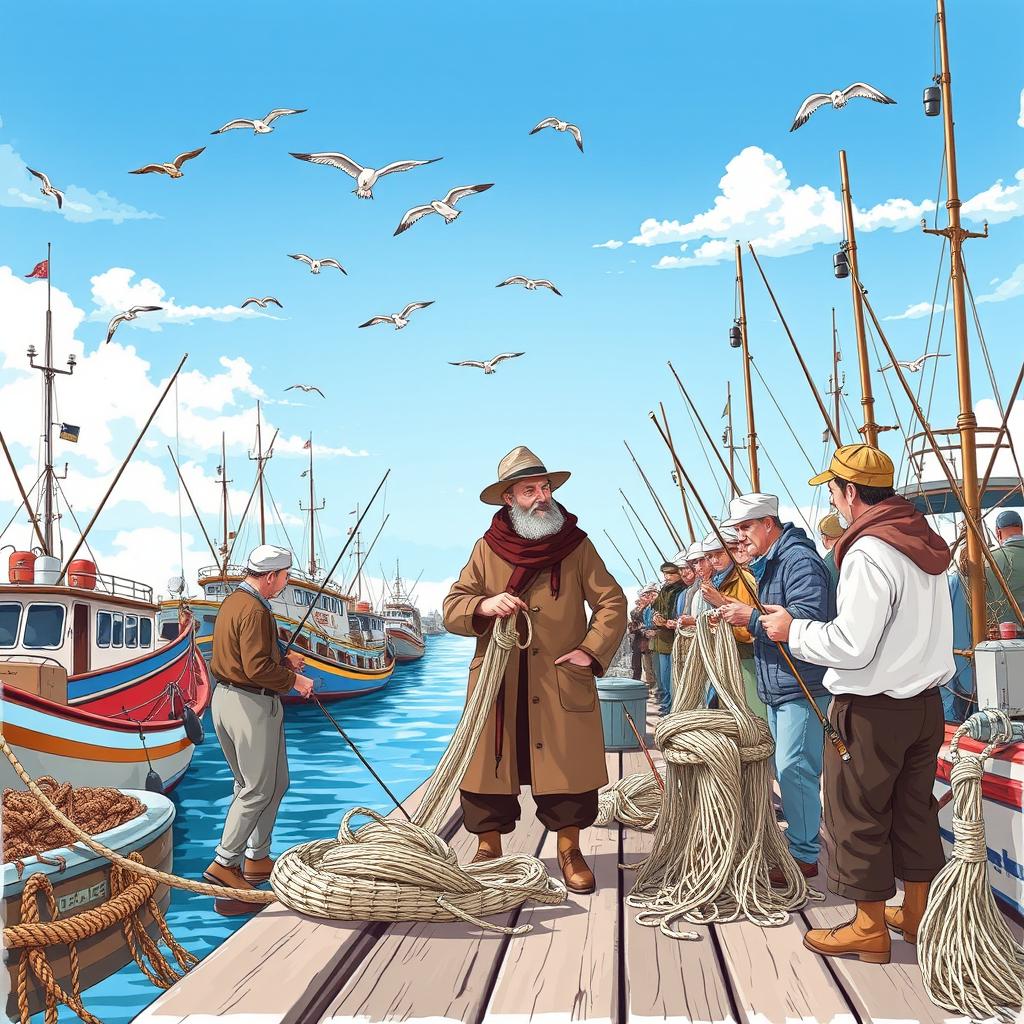 An illustration of a bustling fishing port with detailed boats docked near the pier