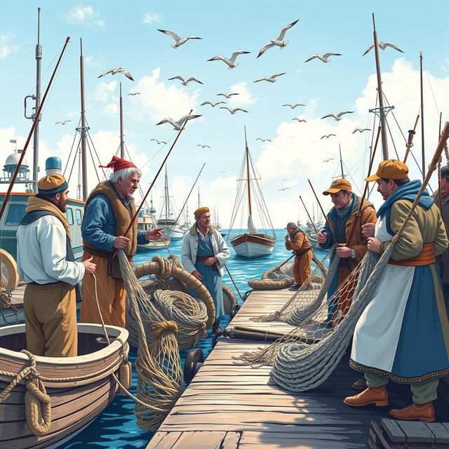 An illustration of a bustling fishing port with detailed boats docked near the pier